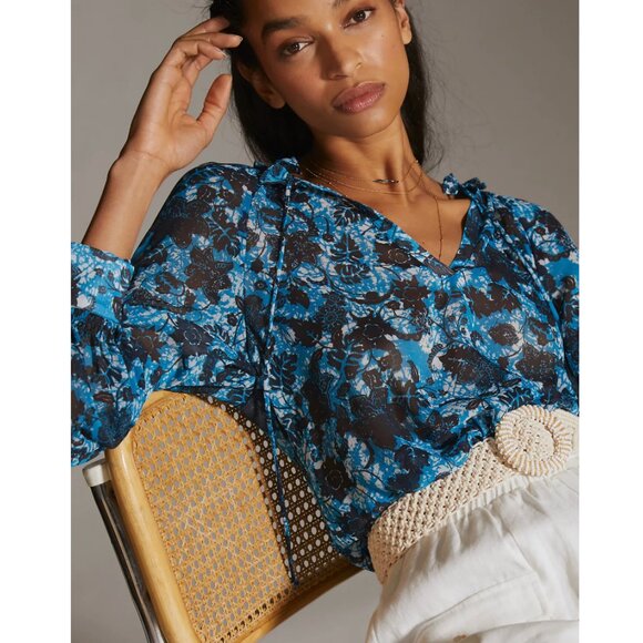 Anthropologie | Sheer Printed Peasant Blouse in Blue Motif | Size Medium - Picture 1 of 13